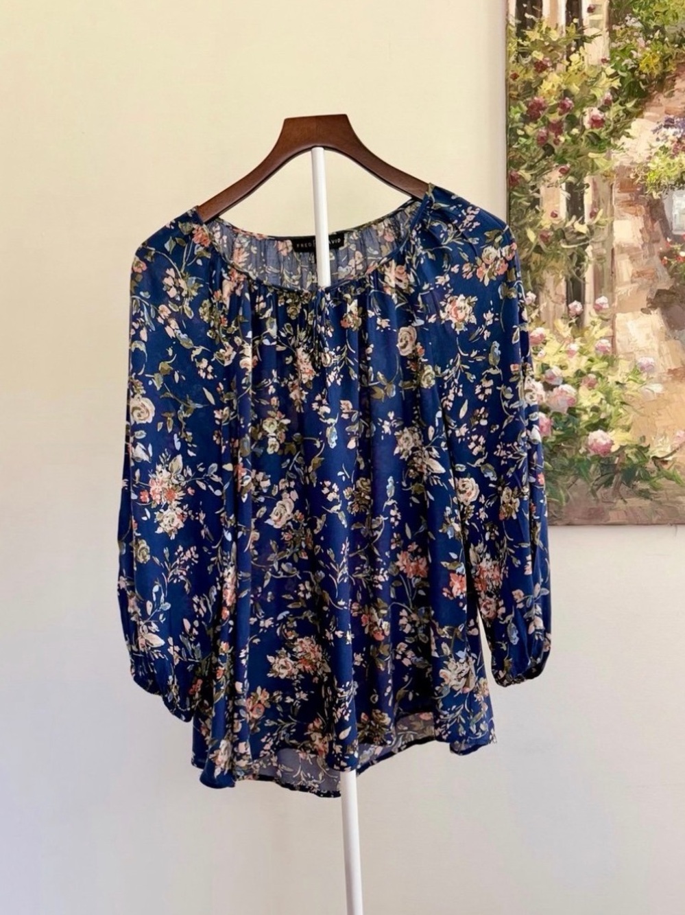 Fred David Navy Blue Floral Blouse – Size M Boho Peasant Top 3/4 Sleeve Flowy